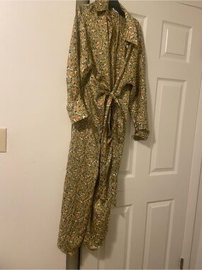 Zara Yellow & Green Floral Button-Front Shirt Dress